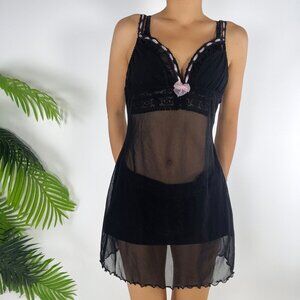 Vintage Black Sheer Lace Coquette Babydoll Slip Dress Chemise Lingerie / Small